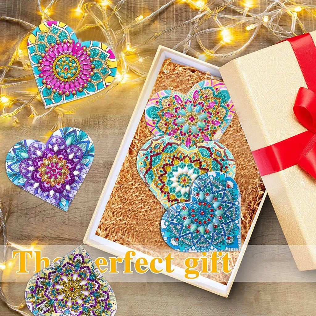Set of six handmade PU leather bookmarks with crystal floral cornerites on a white background.