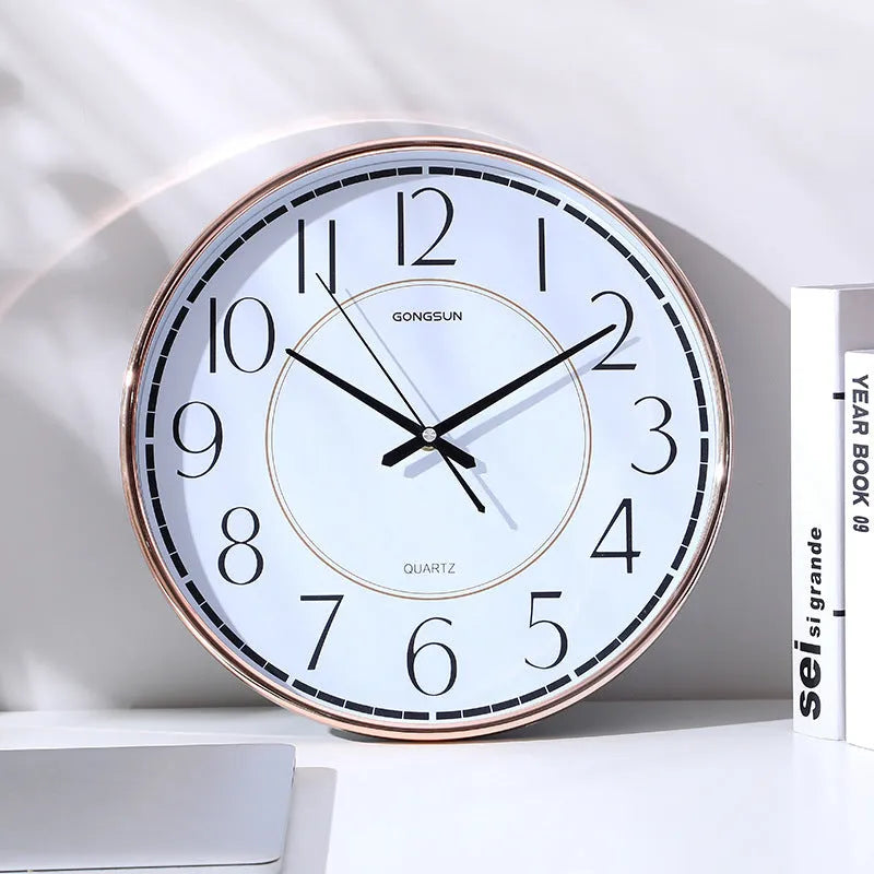 14-inch round wall clock with sweep second movement, ABS shell, available in white black and flashing gold