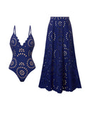 Women's one-piece swimsuit set with dress cover-up in black, polyester spandex, sizes S to XL