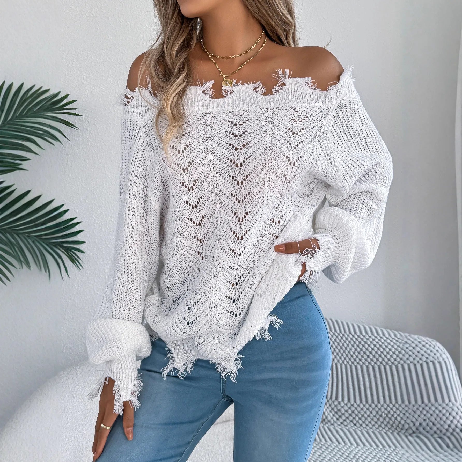 Women's white hollow-out cut off shoulder pullover sweater with long sleeves