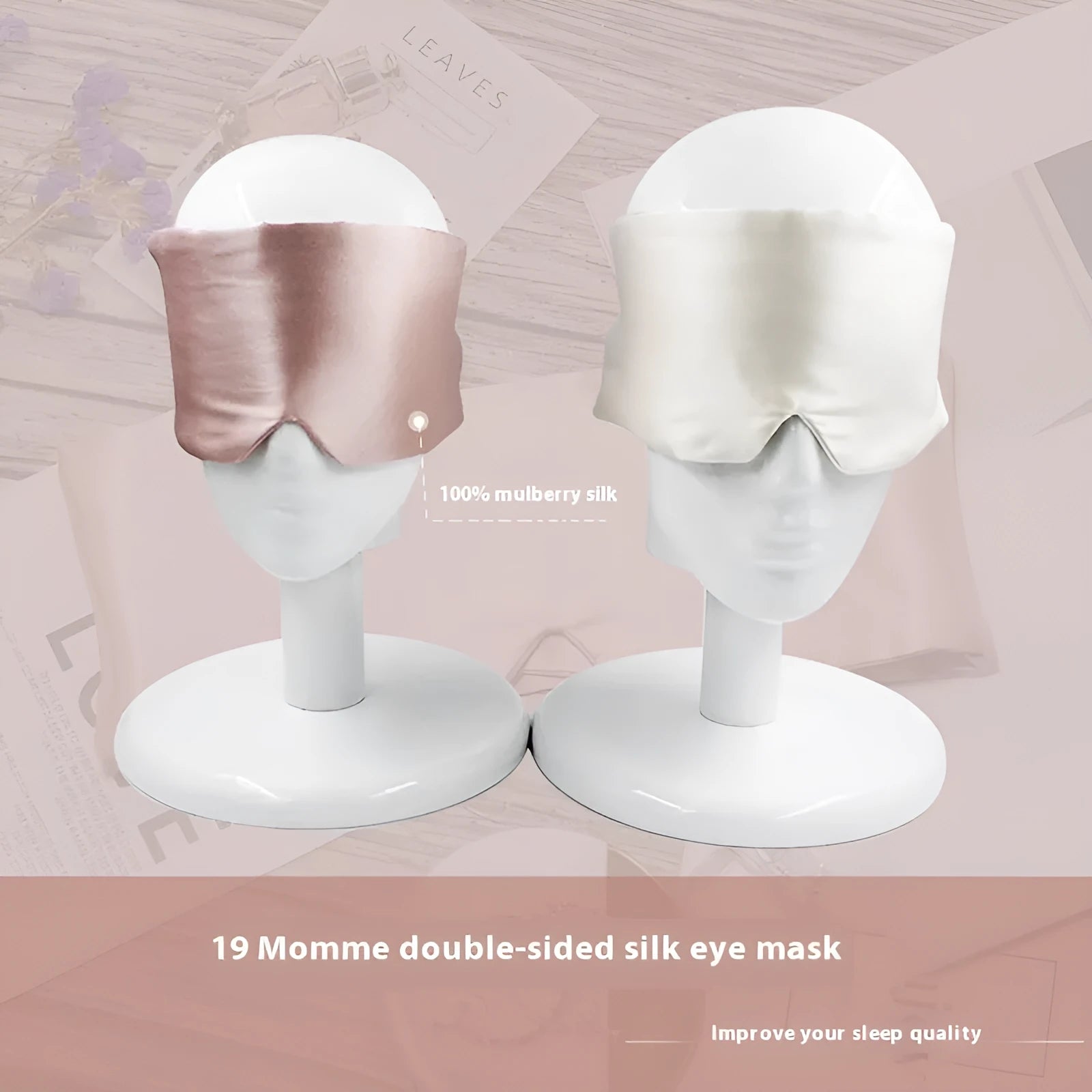 Mulberry silk sleep mask in champagne gold colour for light blocking and eye protection.