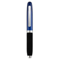 Close-up of a silver EVA metal cap mini ballpoint pen with a 1.0 mm bullet tip, shown with a bright black refill.