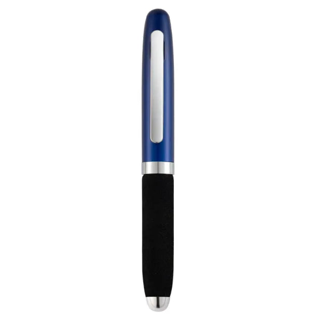 Close-up of a silver EVA metal cap mini ballpoint pen with a 1.0 mm bullet tip, shown with a bright black refill.