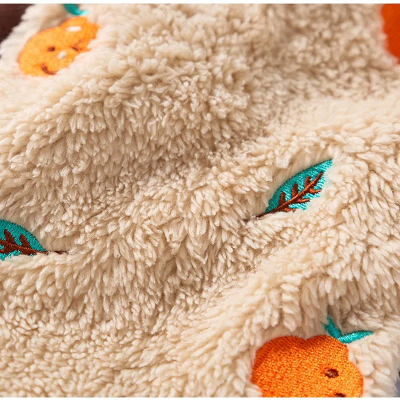 Brown fleece dog onesie with orange fruit embroidery on the back, four-legged design for small medium pets
