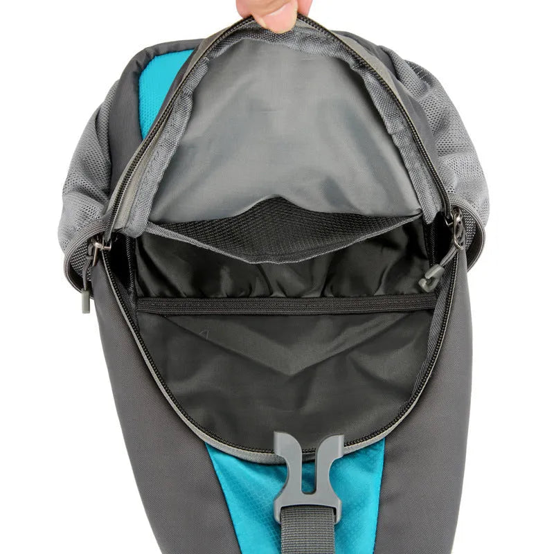 Unisex nylon crossbody chest bag in army green colour, shown worn casually.