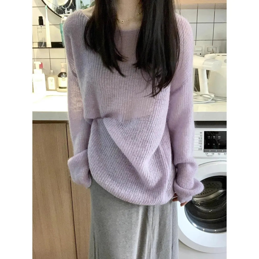 Purple sleeveless women's blouse with round neck, shoulder straps, and hollow-out ice silk fabric.