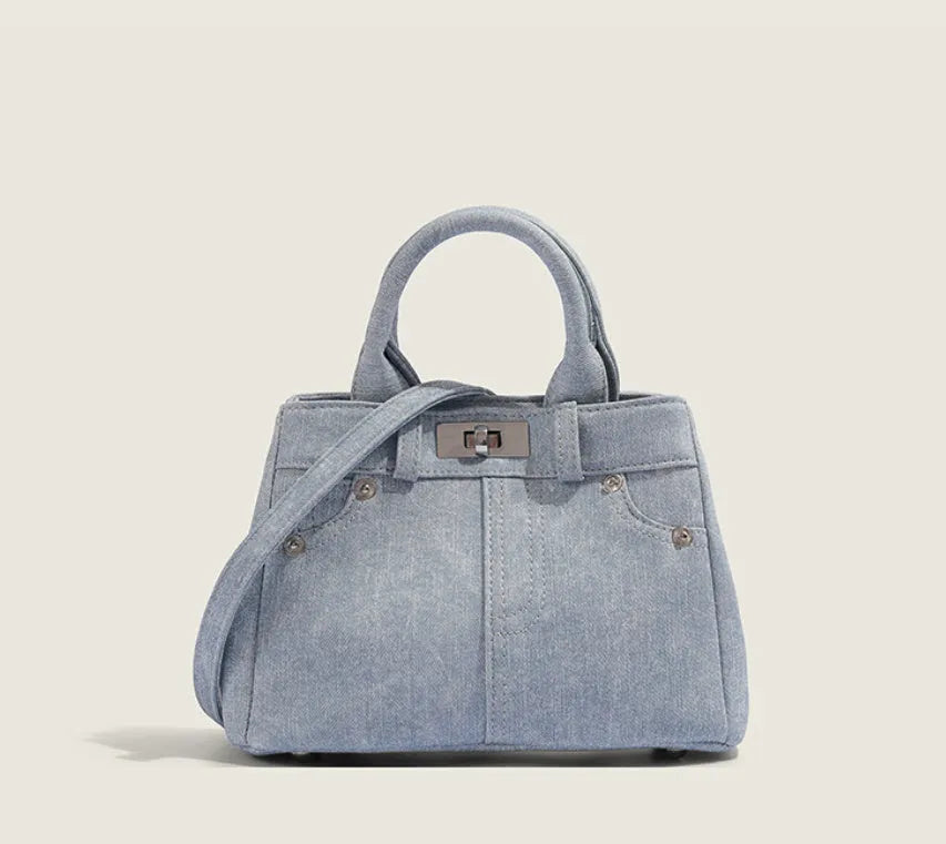 Women's denim-style shoulder bag in soft PU material with standard size and polyester lining