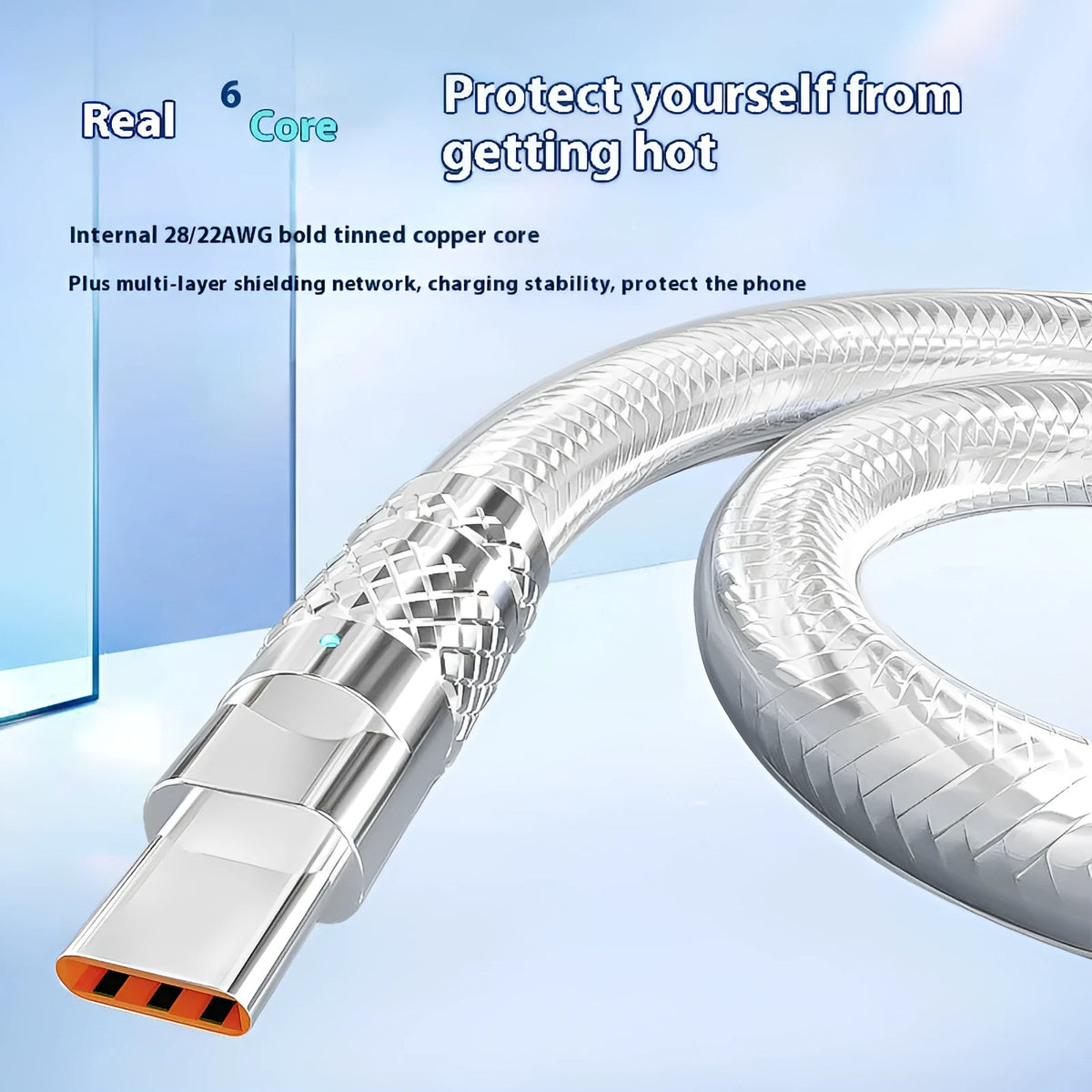 Type C silver grey woven braided data cable with 6A super fast charge and 1.5 metre length