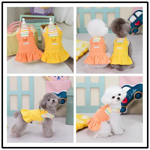 Striped patchwork dog skirt in cotton fabric available in orange and yellow colours