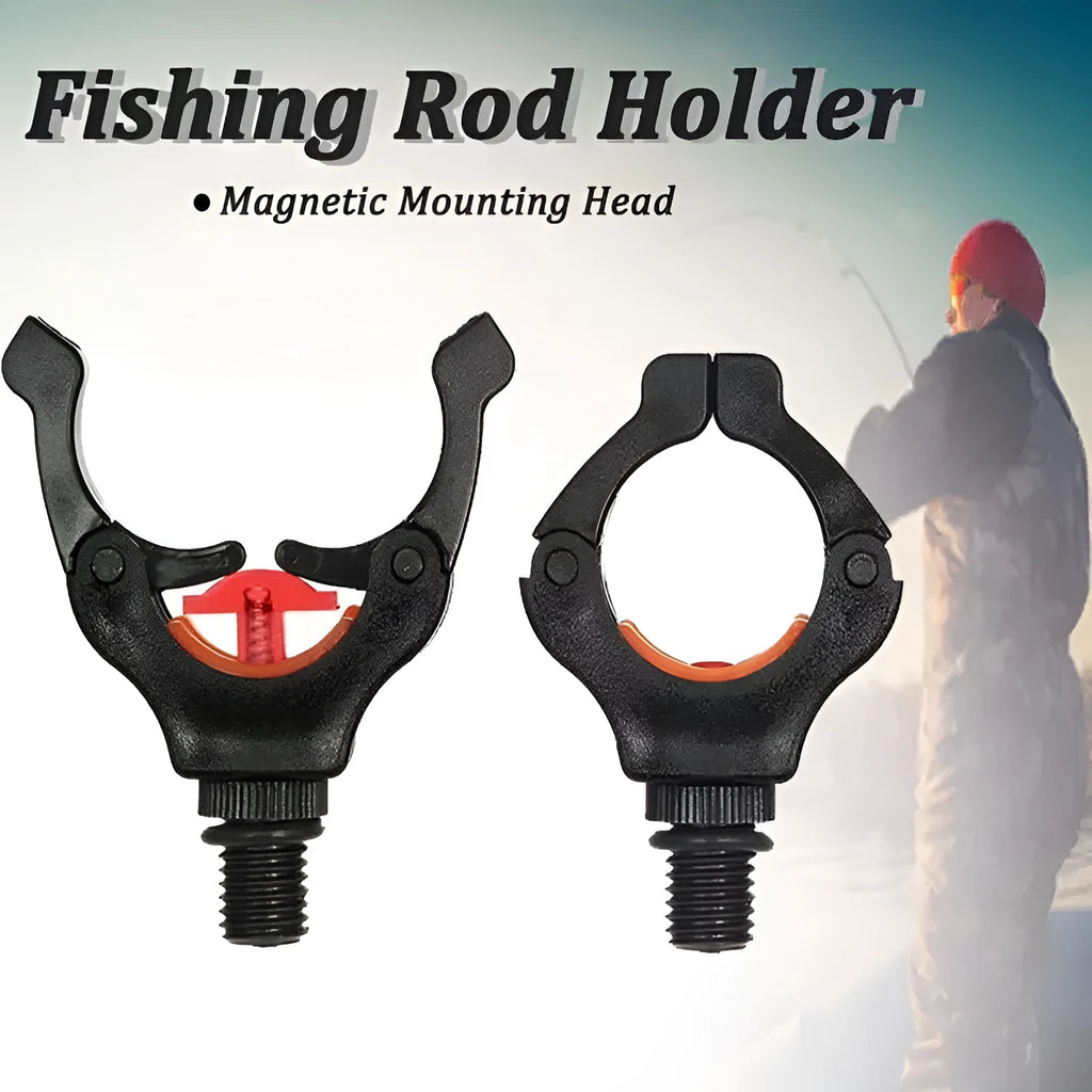 Black fishing rod bracket with clamp and magnet mount, stainless steel and nylon plastic bracket head