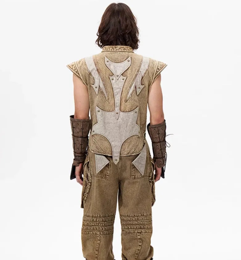 Korean style pleated denim vest for men in Picture Colour