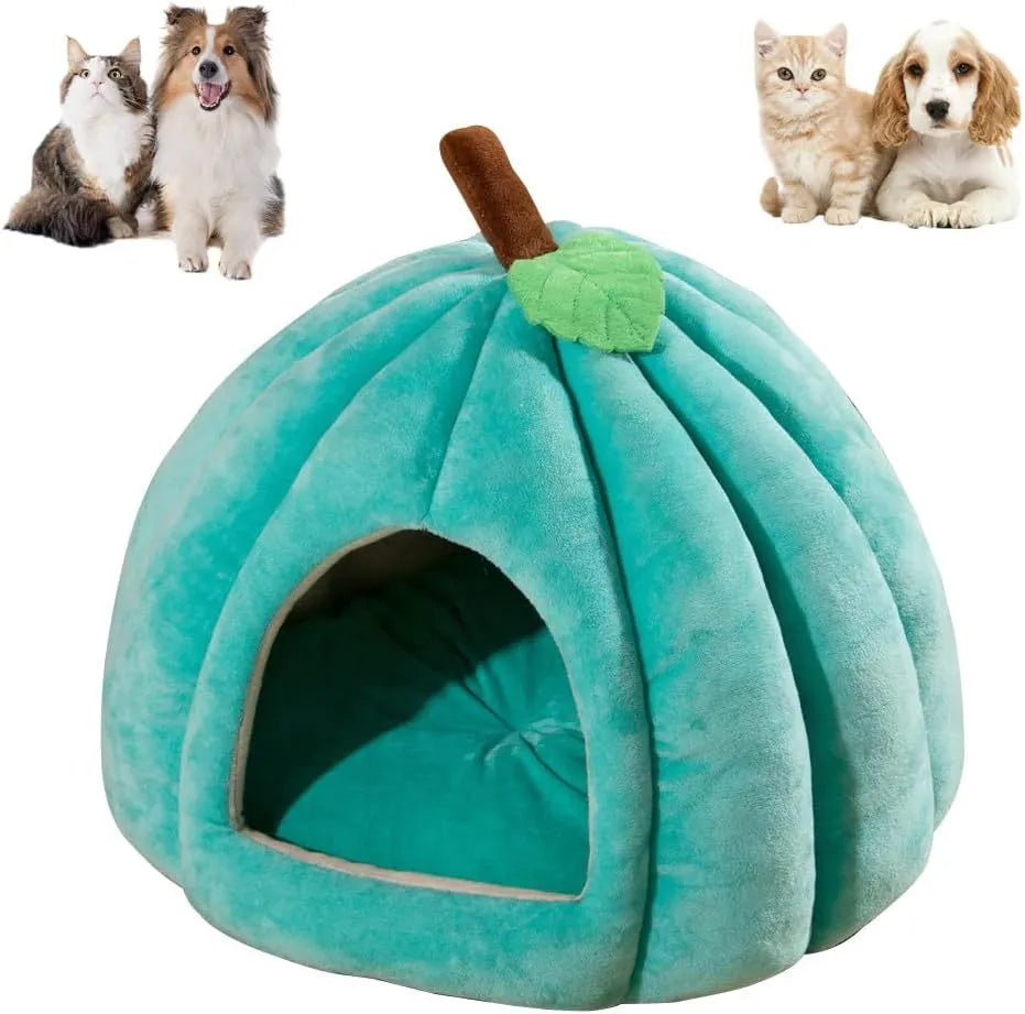 Pumpkin-shaped cat bed cave house with plush interior and anti-slip rubber base