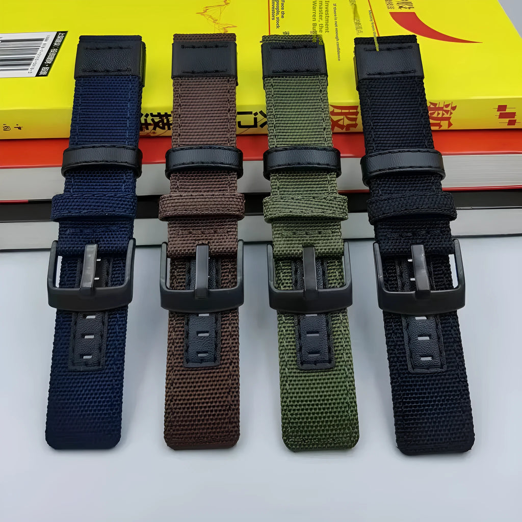 Oxford cloth watch strap in camouflage pattern, showing short and lengthened versions for 22mm width.