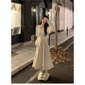 Women's polyester knitted dress with V-neck collar and princess sleeves in milky white