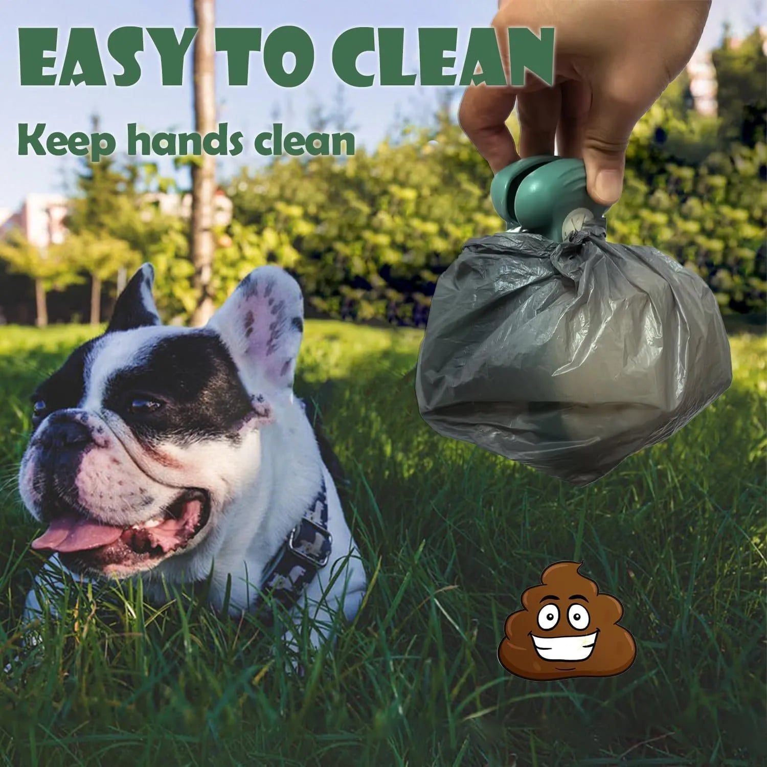 Blue handheld dog pooper scooper with foldable waste container and attached carabiner clip.