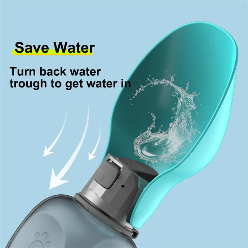 Blue grey portable dog water bottle with foldable drinking bowl showing 800ml capacity markings
