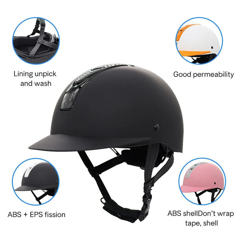 Super light equestrian helmet in bright black, silver pink, white orange, or silver black colour