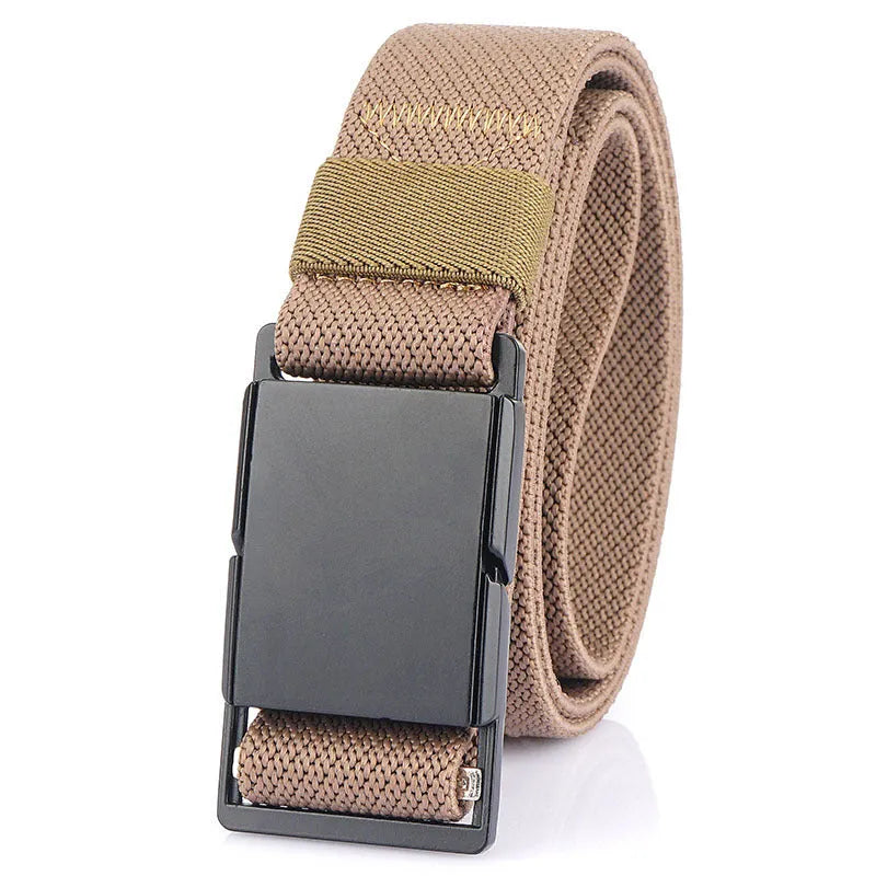 Casual polyester belt with a silver metal magnetic buckle in dark khaki colour.