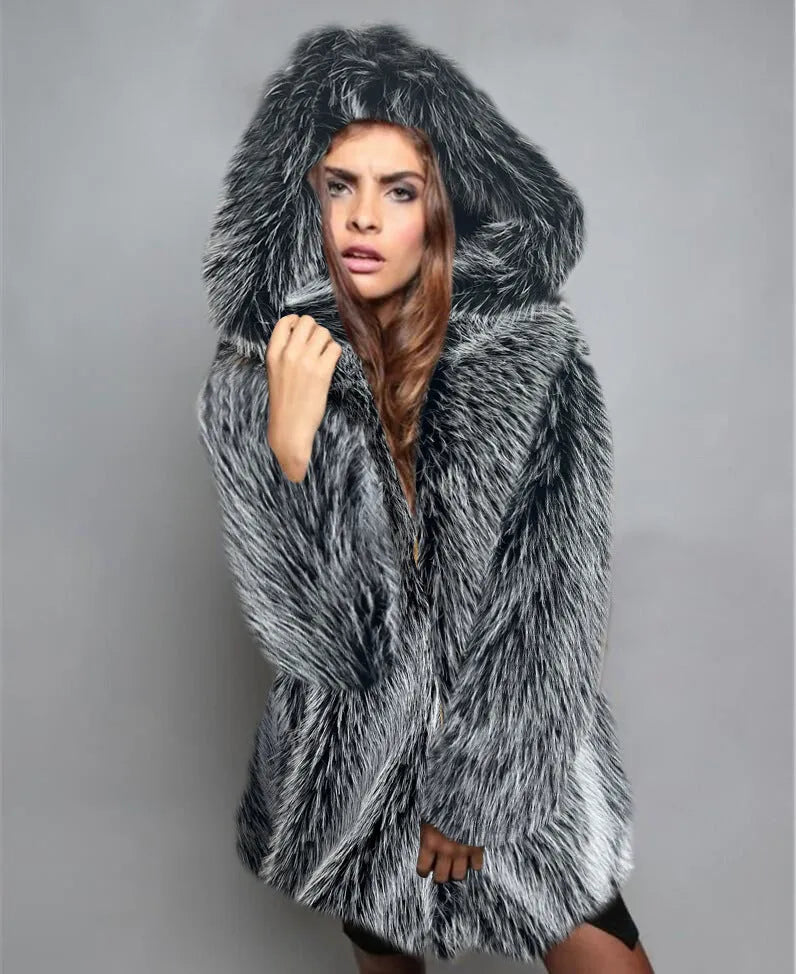 A silver grey loose-fitting mid-length artificial fur coat for women on a hanger.