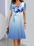 Women's floral print Ice Silk midi dress with short sleeves on a hanger.