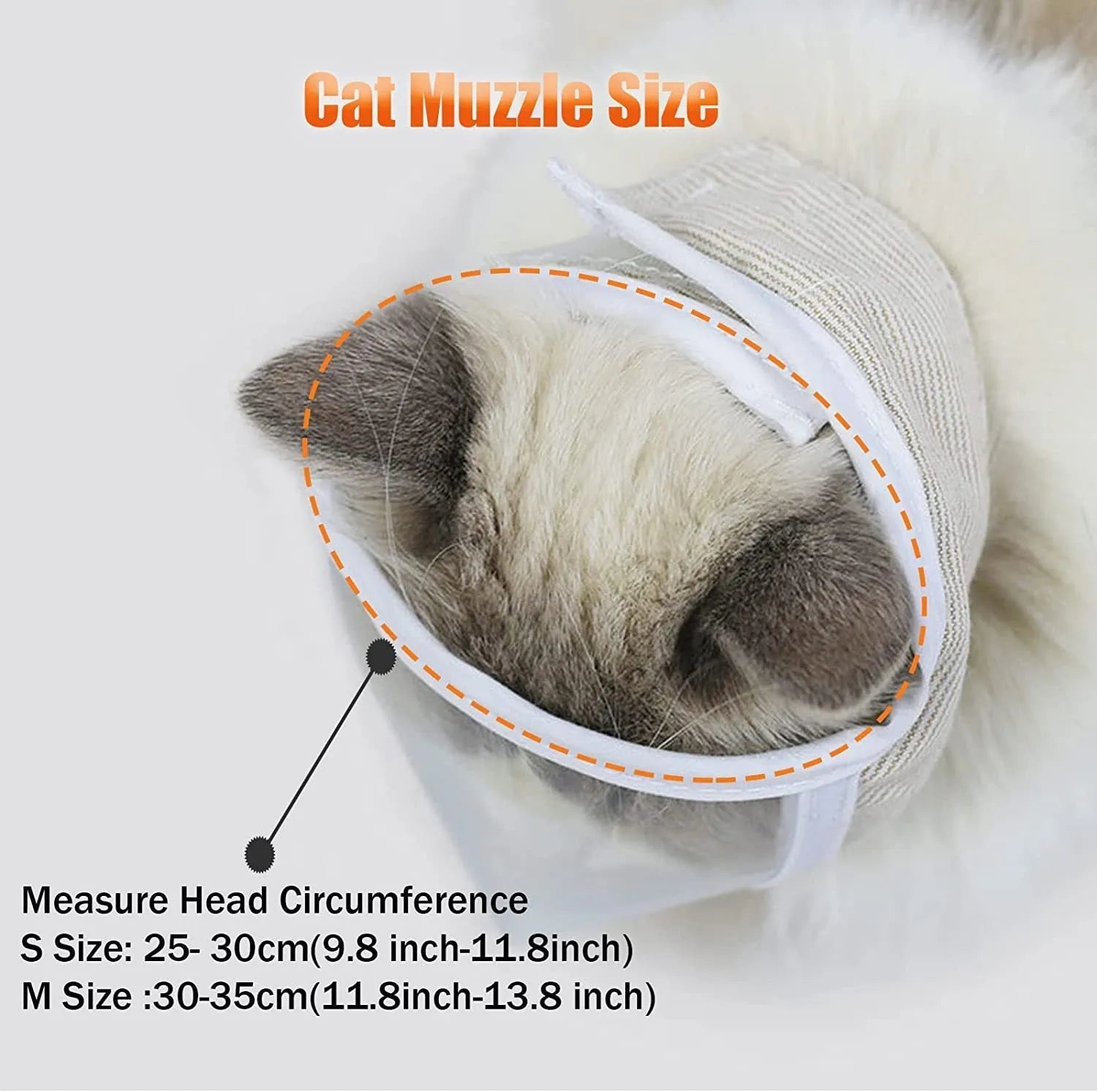 Transparent PVC and cotton cat muzzle shown on a pet, with visible breathing hole.