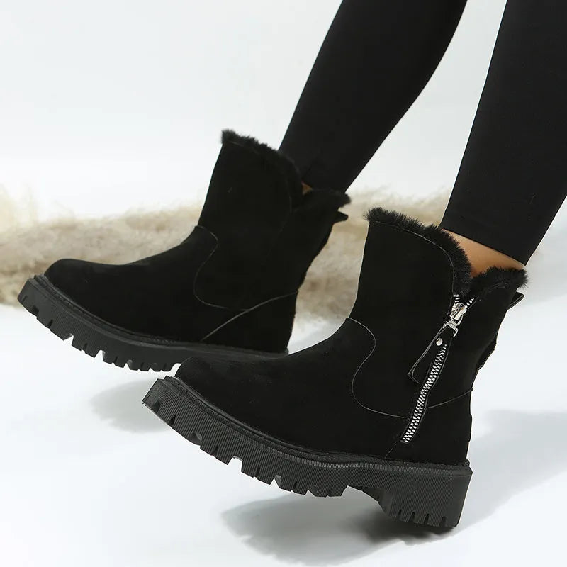 Women's black thick plush high-top snow boots with a side zipper and non-slip rubber sole.