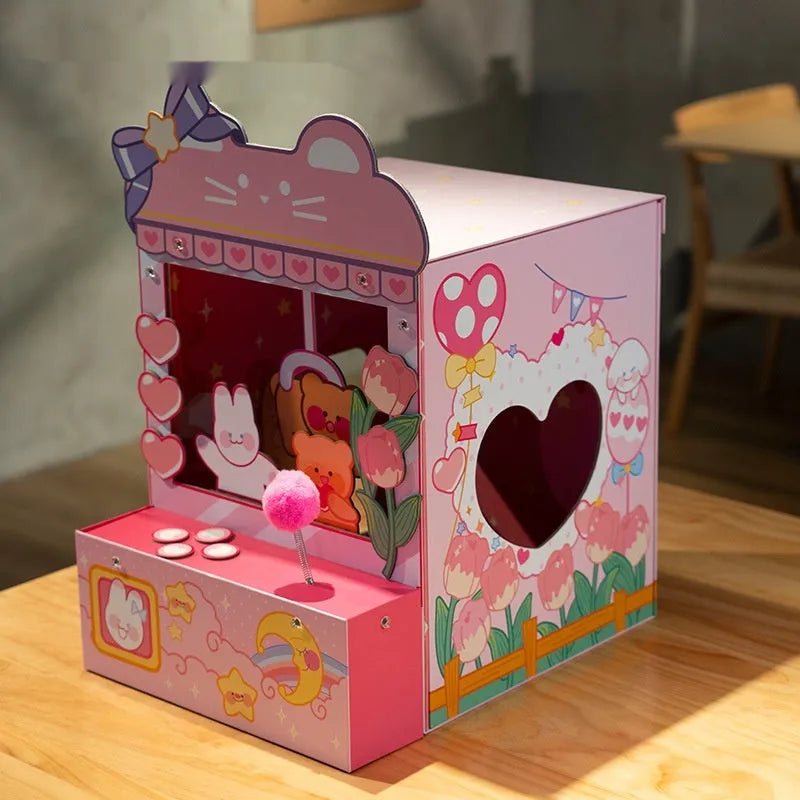 Three-in-one tulip clip cat nest crane machine in pink, Japanese style, 35x34.5x53.5cm, made from gray board and corrugated paper