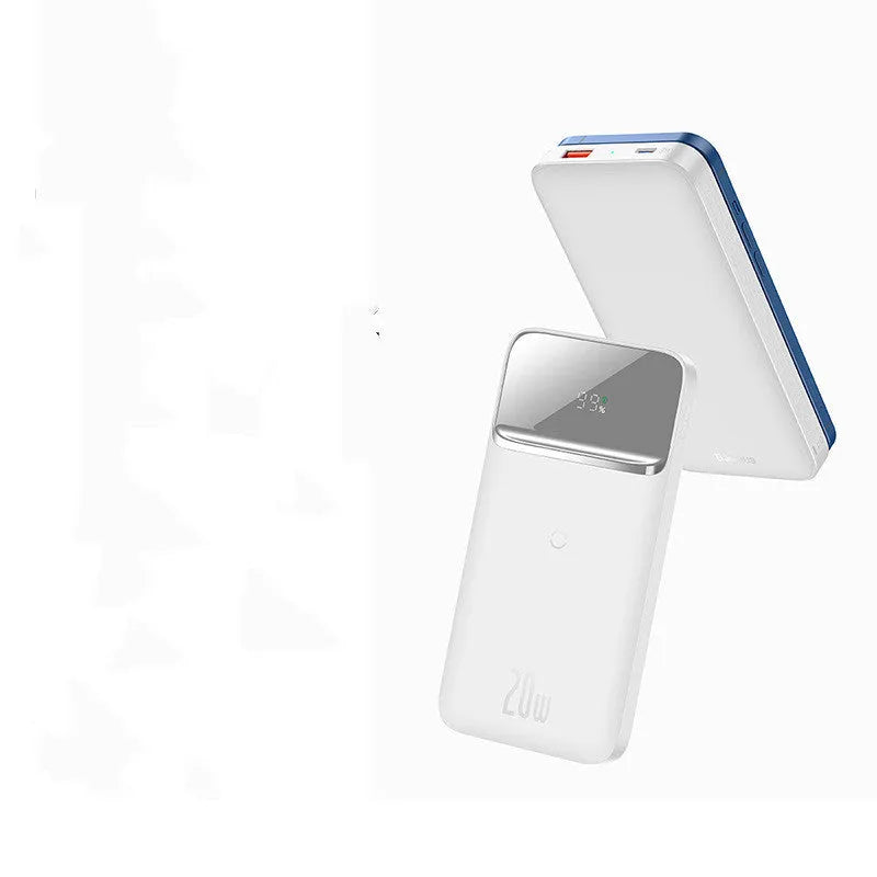 Blue and white MagSafe magnetic wireless power bank with LCD display showing battery percentage