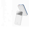 Blue and white MagSafe magnetic wireless power bank with LCD display showing battery percentage
