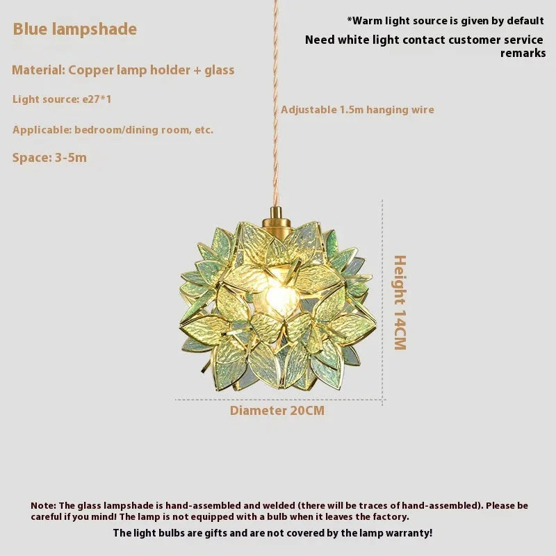 Stained glass hanging chandelier with copper fitting, shown in one of its blue, orange, pink, white or transparent colour options.
