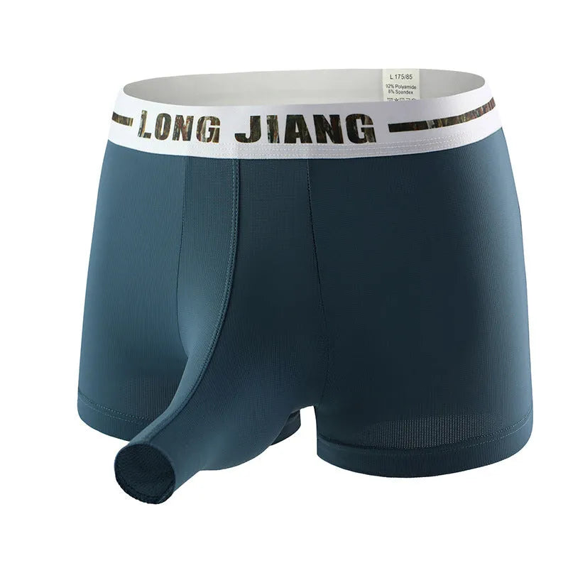 Men's solid colour Ice Silk boxer shorts laid flat, showing mid-waist design and thin fabric.