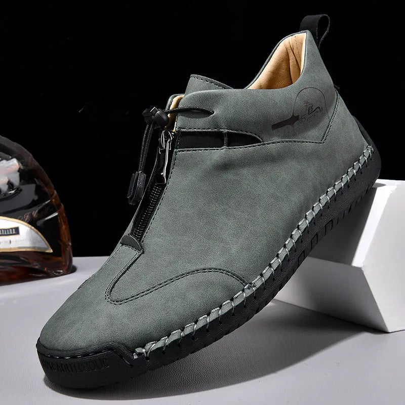 Men's casual leather shoes with round toe and mid heel in black, blue, green, khaki colour options