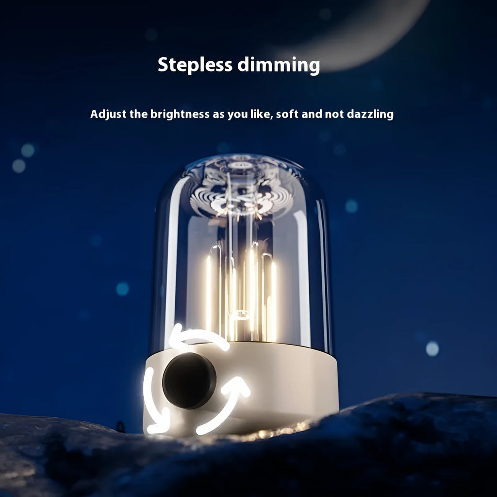 Beige rechargeable LED camping tent light with analog brightness knob and USB port on a wooden surface.