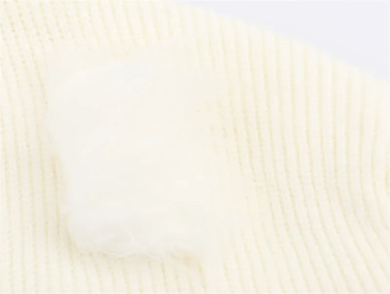 Casual V-neck cuff furry knitted dress for women in white – straight cut long sleeve style