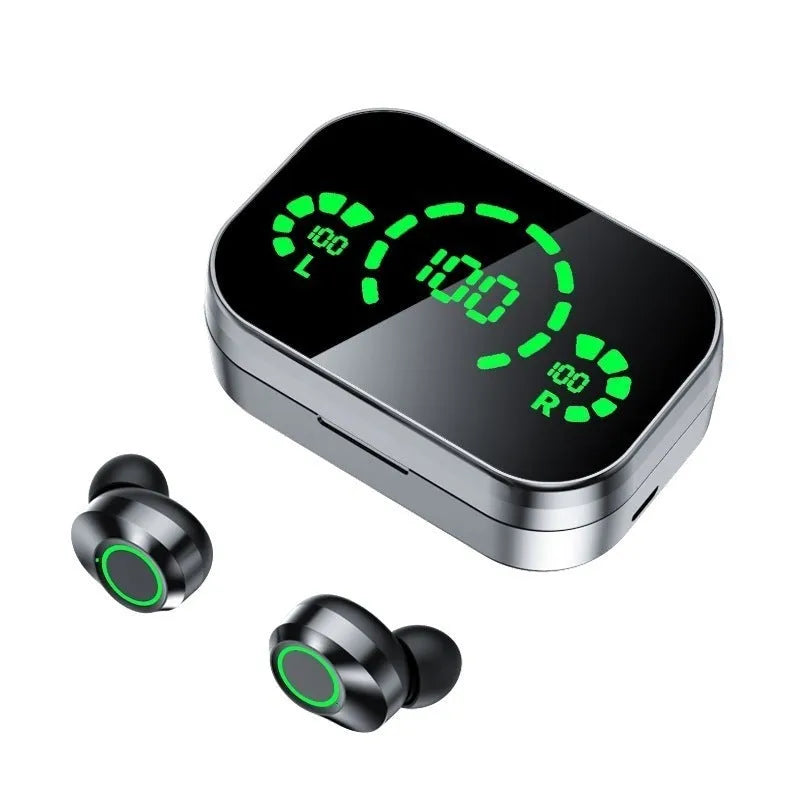 Black wireless earbuds with large screen digital display charging case and breathing light
