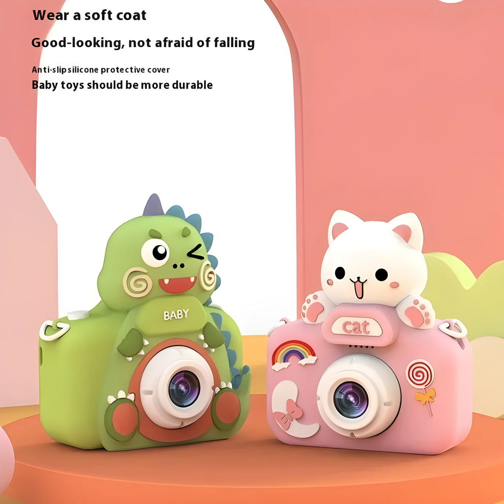 Children's mini cartoon camera digital toy with silicone body, 10.4x8.6x4.6cm, Big Head Dinosaur and Big Head Rabbit Blue options