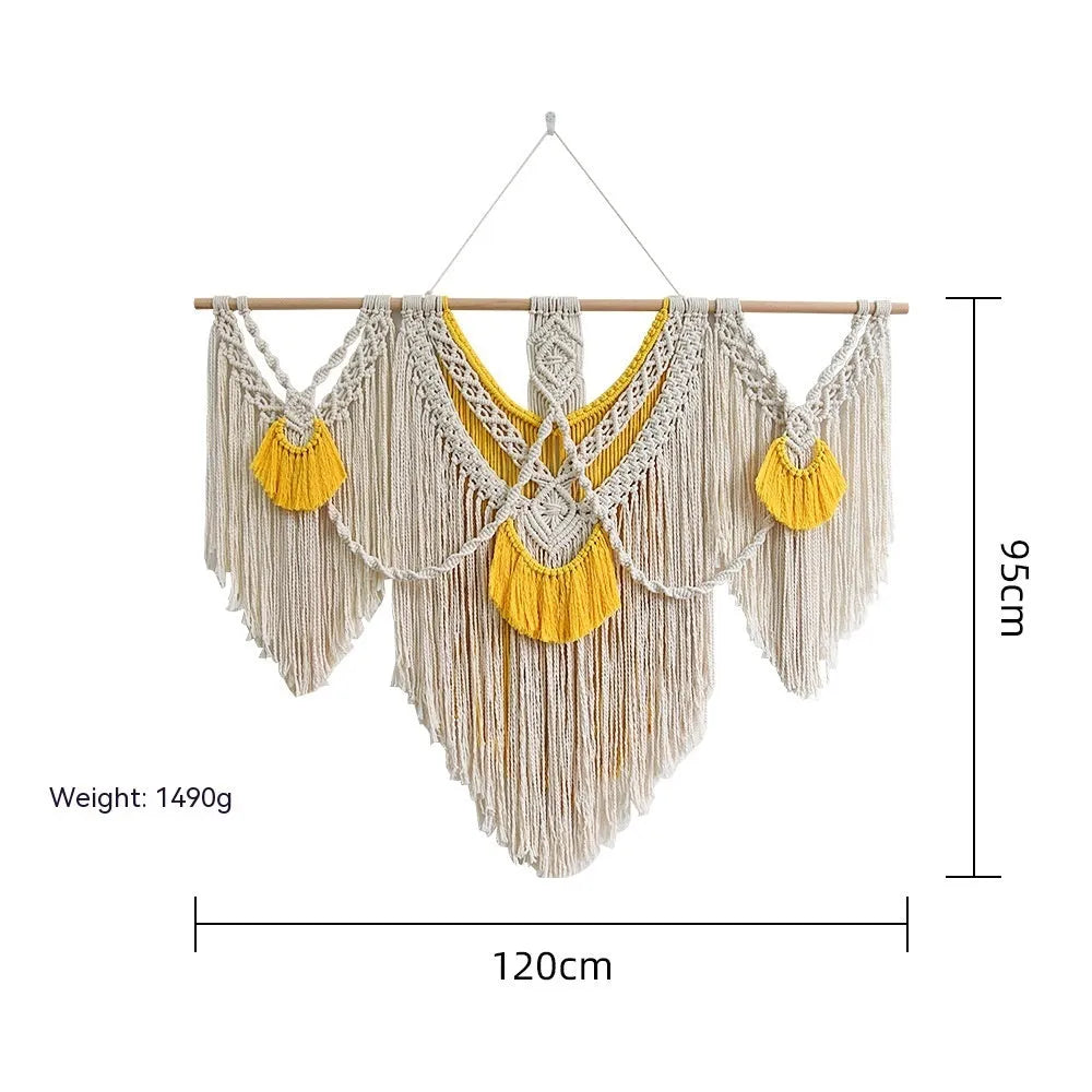 Hand-woven creamy white cotton tapestry wall hanging with rectangular shape measuring 120cm by 95cm