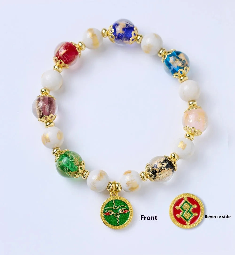 Handmade glass bracelet with five gods of wealth theme and 10mm geometric beads in national style design