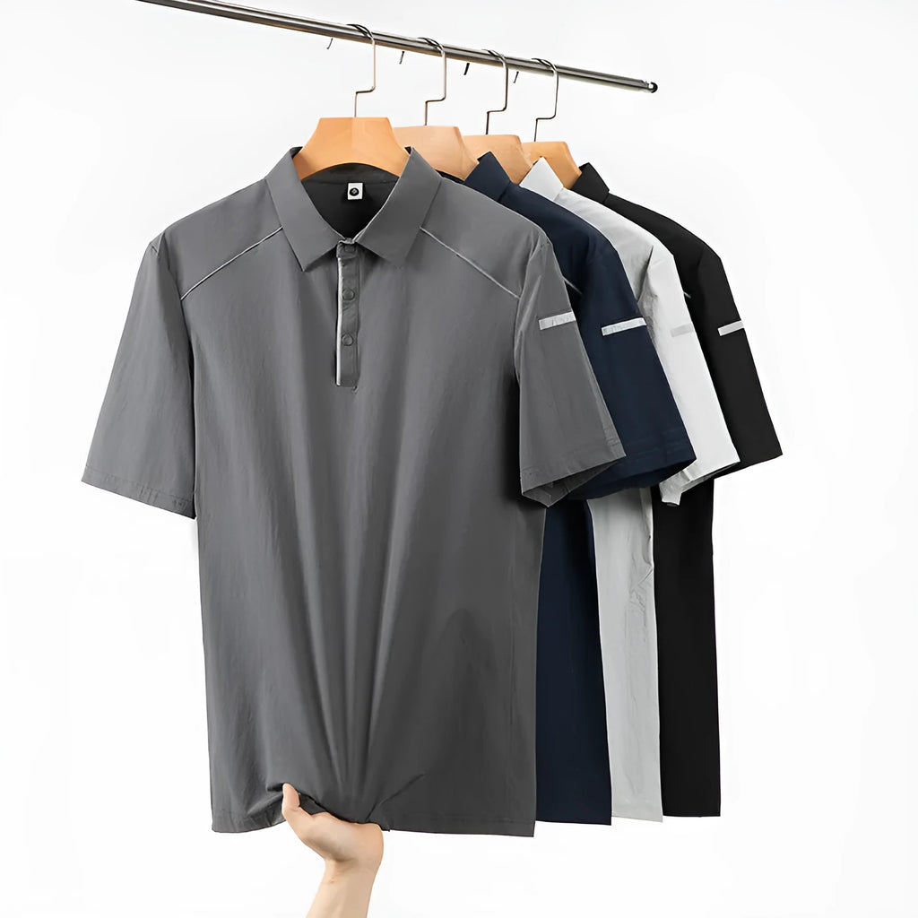 Man's solid colour polo shirt with short sleeves and a side slit, shown in a classic black colour.