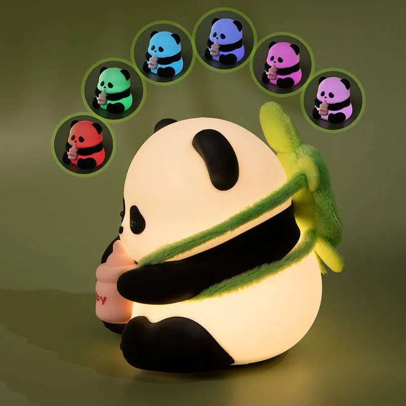 Colourful cartoon flower panda silicone night light with built-in battery on bedside table