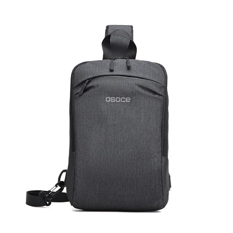 Men's Oxford cloth chest bag with zipper closure, embossed pattern, and car suture detailing in black 21x8x32cm