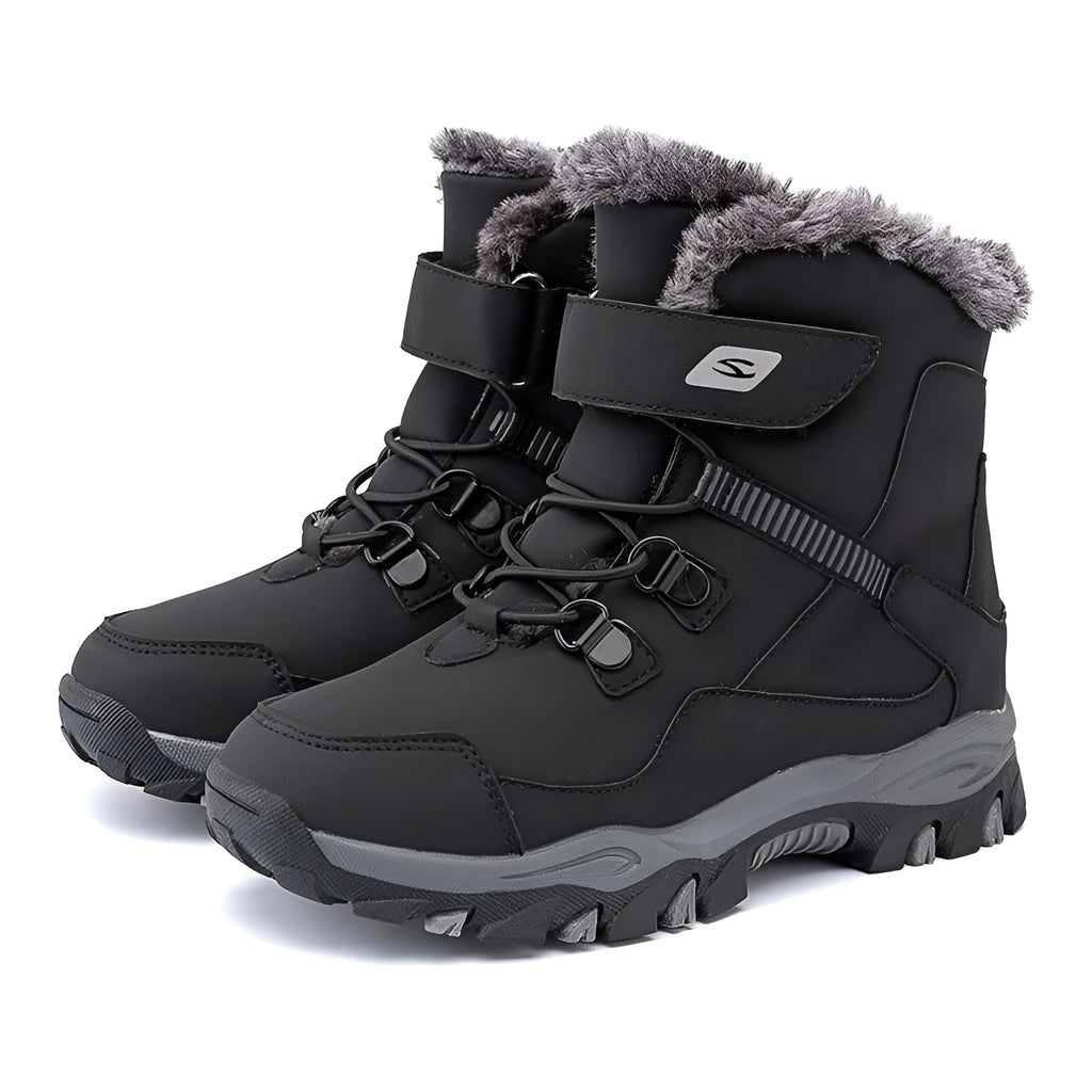 Hobby Bear children's black waterproof martin boots with a magic buckle and textured rubber sole.
