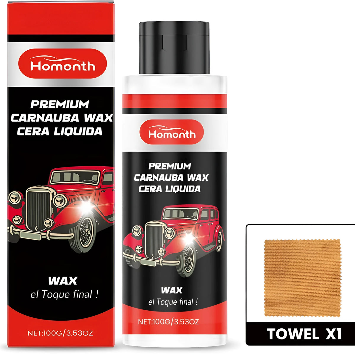 100g tin of carnauba wax polish with polishing towel, water‑based car and metal polish