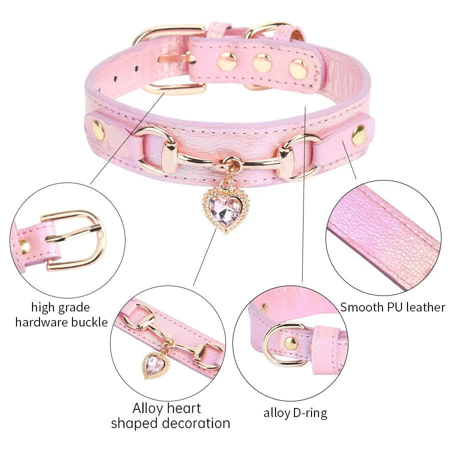 Pink microfiber and PU leather rhinestone dog collar for small dogs with sparkle stones