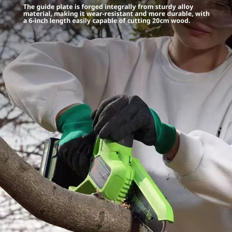 6-inch cordless electric chainsaw with 24V lithium battery, 400W motor, and two batteries