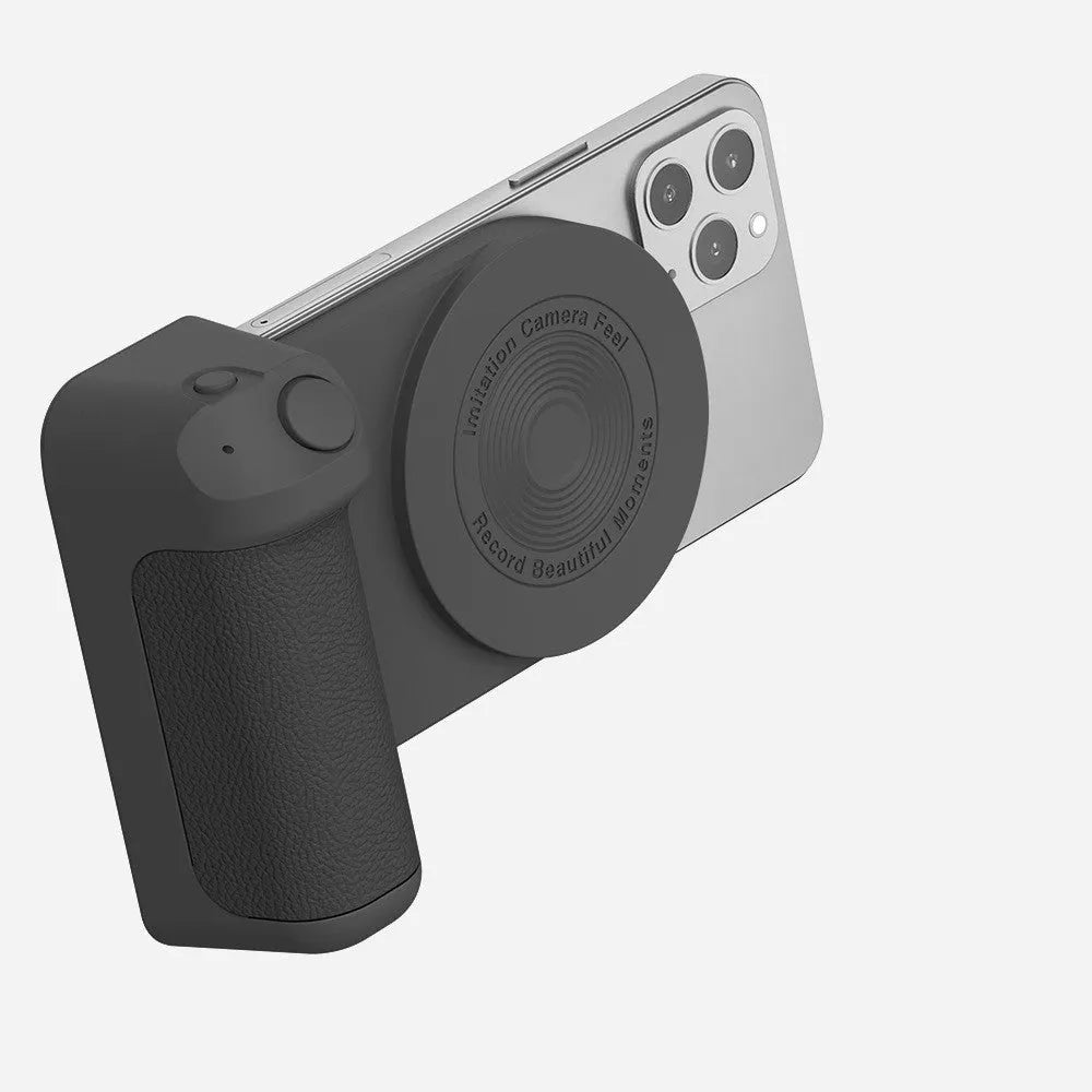 Black magnetic camera bracket with rotatable phone holder and PU leather grip