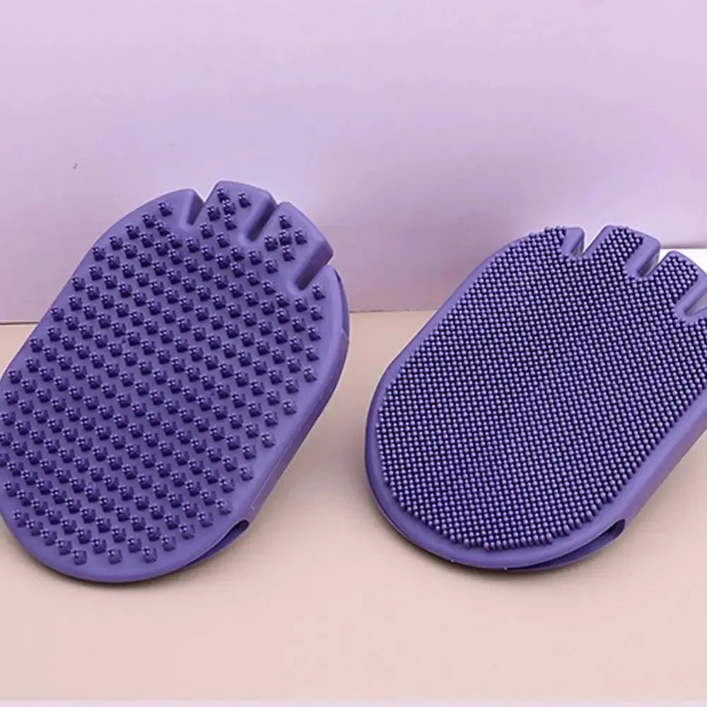 Purple TPR pet shampoo massage brush with dual-sided bristles for dog and cat grooming