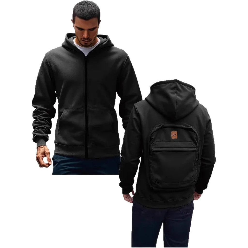 Casual loose-fitting hoodie cardigan back schoolbag sweater for men in light gray with stick pocket