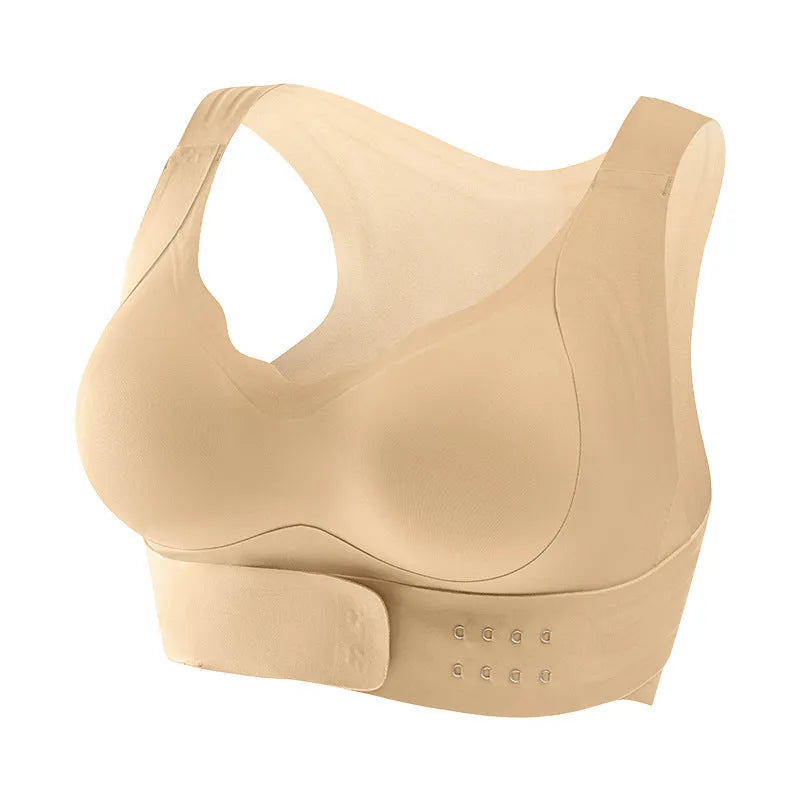 Female cross exercise shaping bra with front buckle closure and fixed double shoulder straps