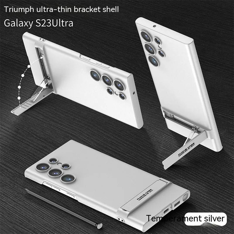 Ultra-thin frosted PC Samsung S23 phone case with built-in bracket in cool black, dark night green, dream purple, and elegant silver